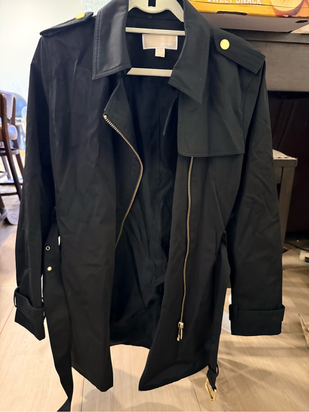 Michael Kors Black Trench Coat with Gold Hardware